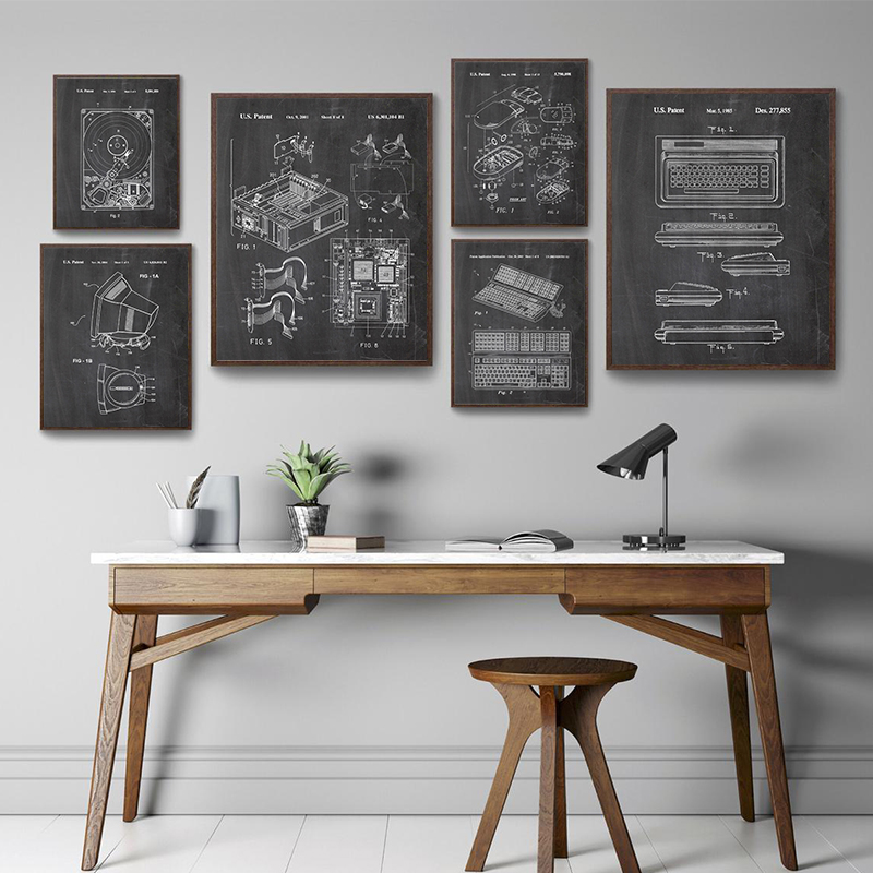 Office Tech Room - 6ピースヴィンテージコンピュータ特許図面ウォールアートセット、オフィスやゲーマールームの装飾用テックブループリントプリント