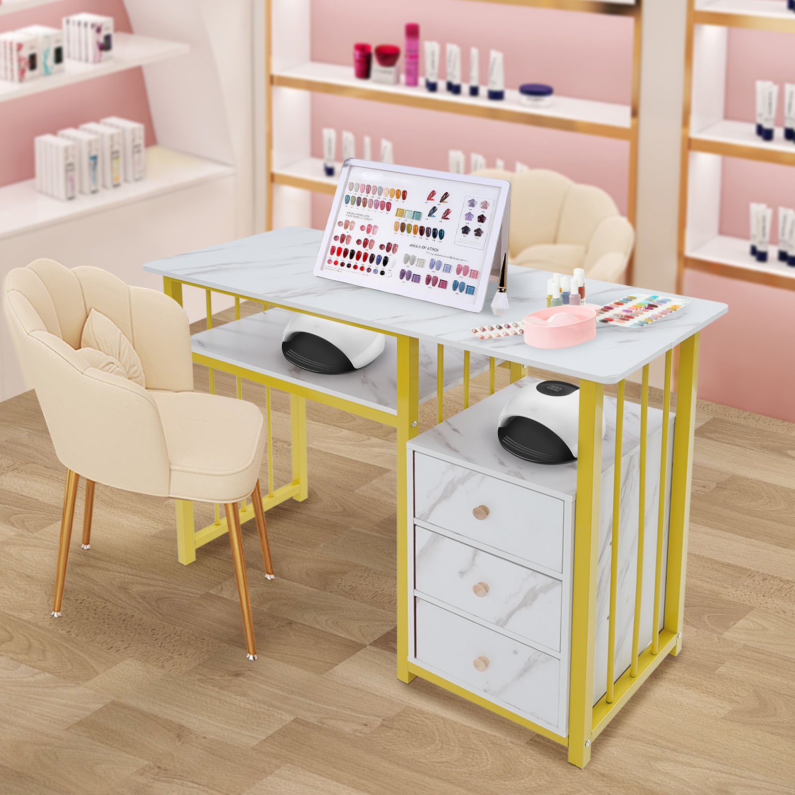 Office Tech Room - 39.37×15.75×29.92インチのゴールドネイルテックテーブル、3つの引き出し付き、最大耐荷重66.14ポンド、リビングルーム、オフィス、ネイルサロン、ビューティースパ用オーバーベッドテーブル