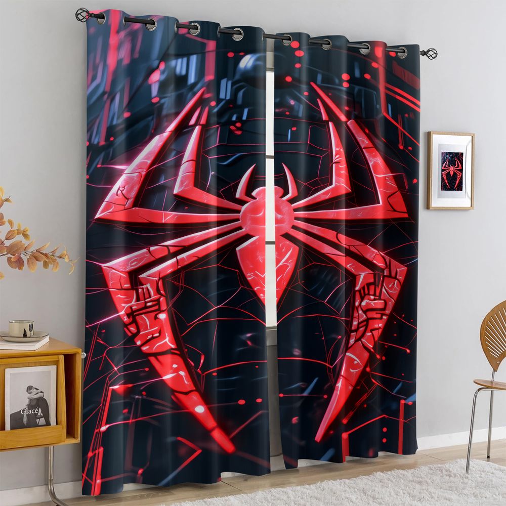 Office Tech Room - スパイダープリントカーテン未来的なテックブラックレッドライトブロックカーテンモダンゲーマー寝室の装飾カーテンセットリビングルーム用