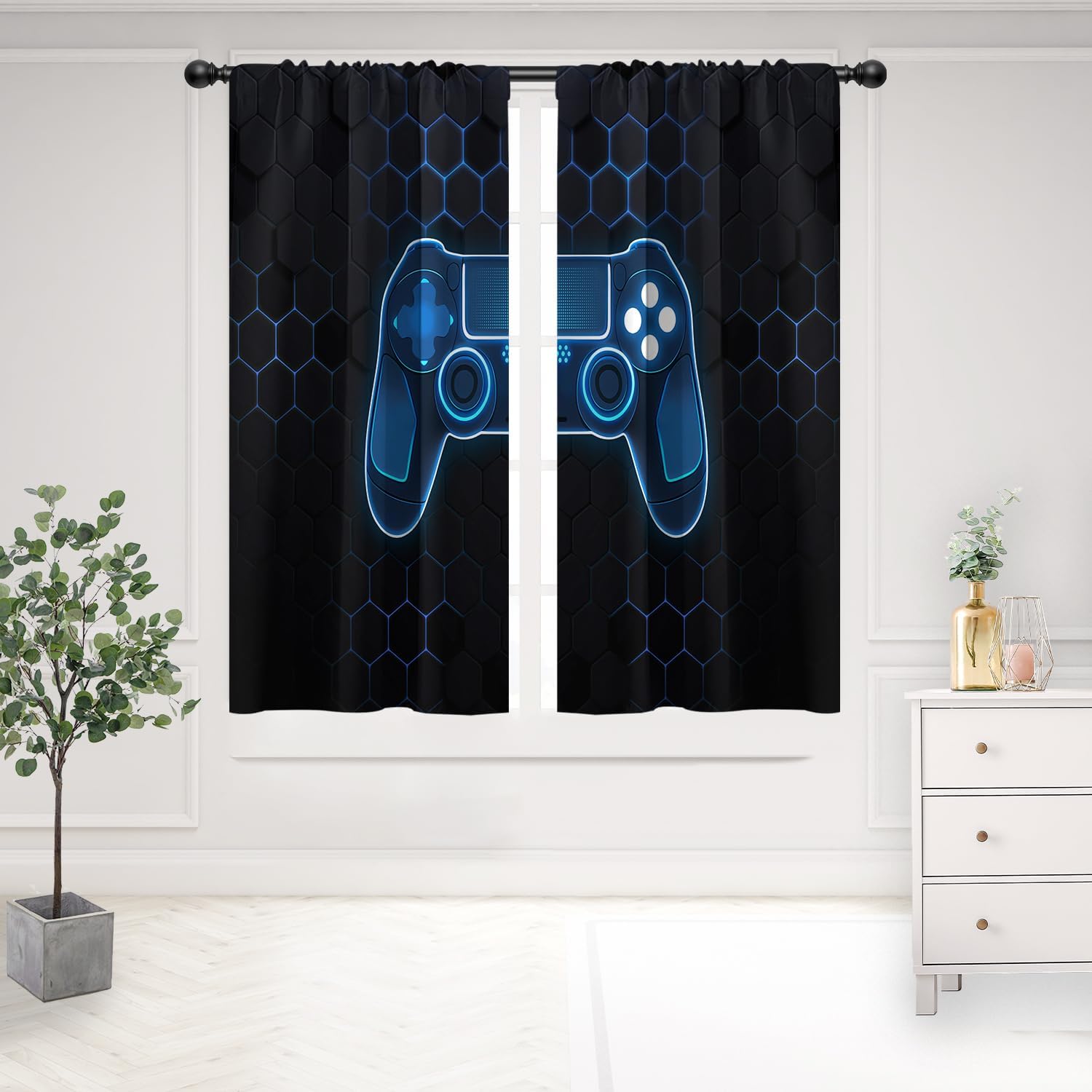 Office Tech Room - ラグジュアリーPSコントローラーゲーミングカーテン ブルーネオンテック ウィンドウドレープ モダンビデオゲーム風 ストリーマーの部屋装飾 ブラック背景
