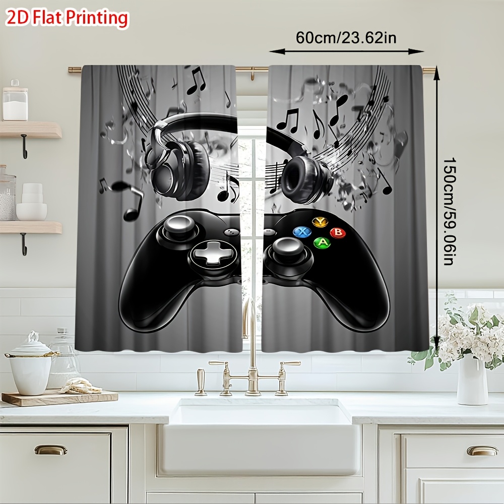 Office Tech Room - 2 個ゲームコントローラーカーテンヘッドフォン音符プリントドレープキッズルームゲーマー寝室ウィンドウトリートメントテックスタイル家の装飾