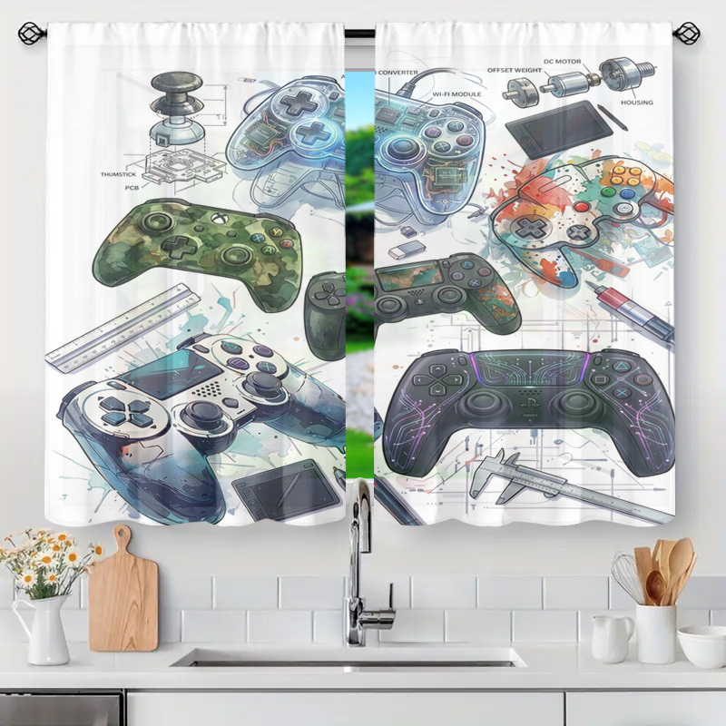 Office Tech Room - ブループリントゲームコントローラー回路図カーテンパネルゲーマールーム装飾ギークポップアートウィンドウドレープPCB回路基板テックストリーマーAE